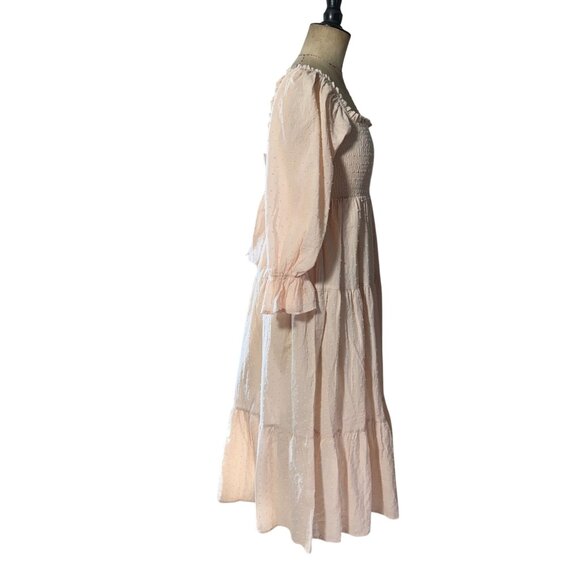 R.vivimos Puff Sleeves Bow Off-Shoulder Boho Midi Dress Medium 8/10 Beige - Picture 2 of 10